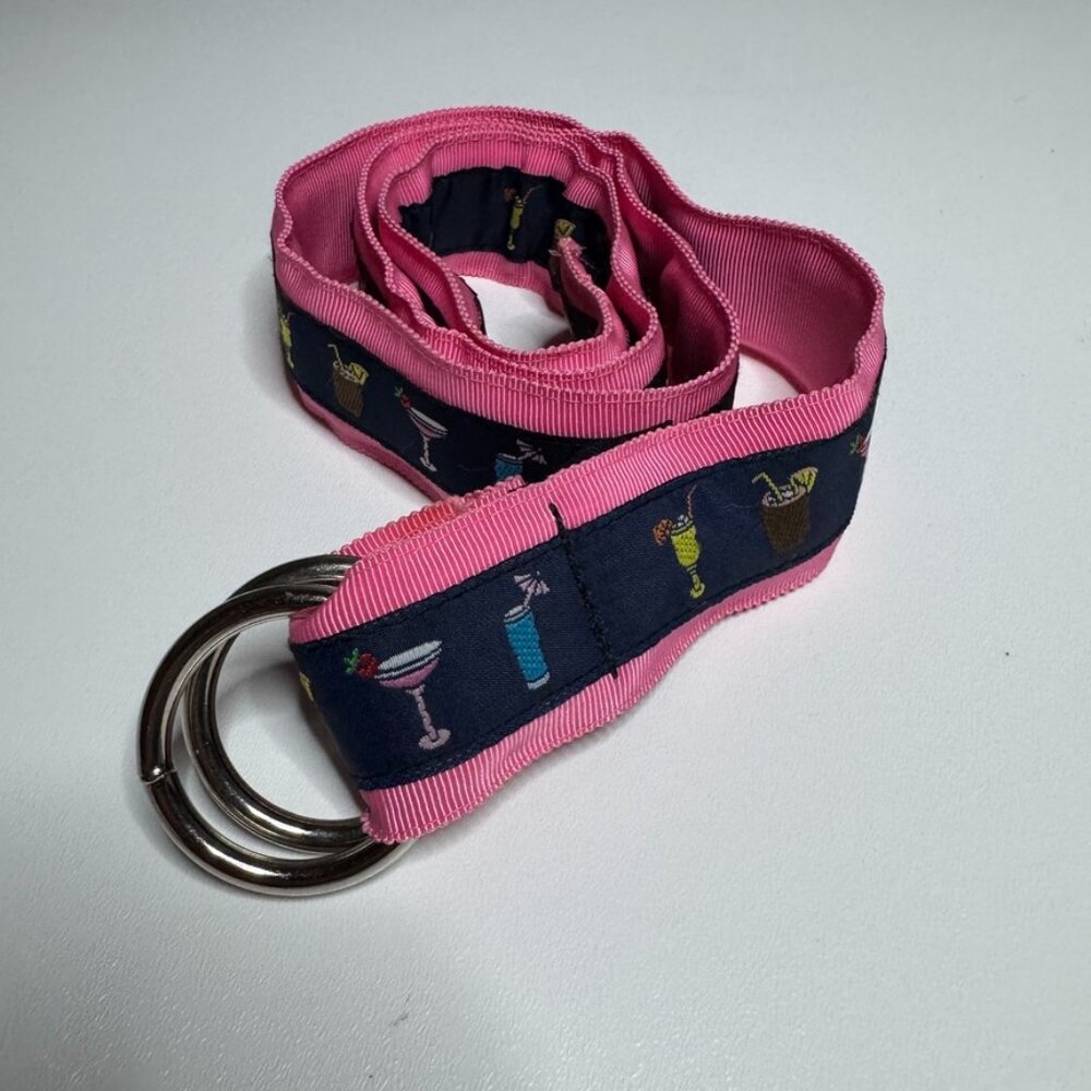 CK Bradley Preppy Cocktail Drink Ribbon Overlay Belt Silver D-Ring Closure Small